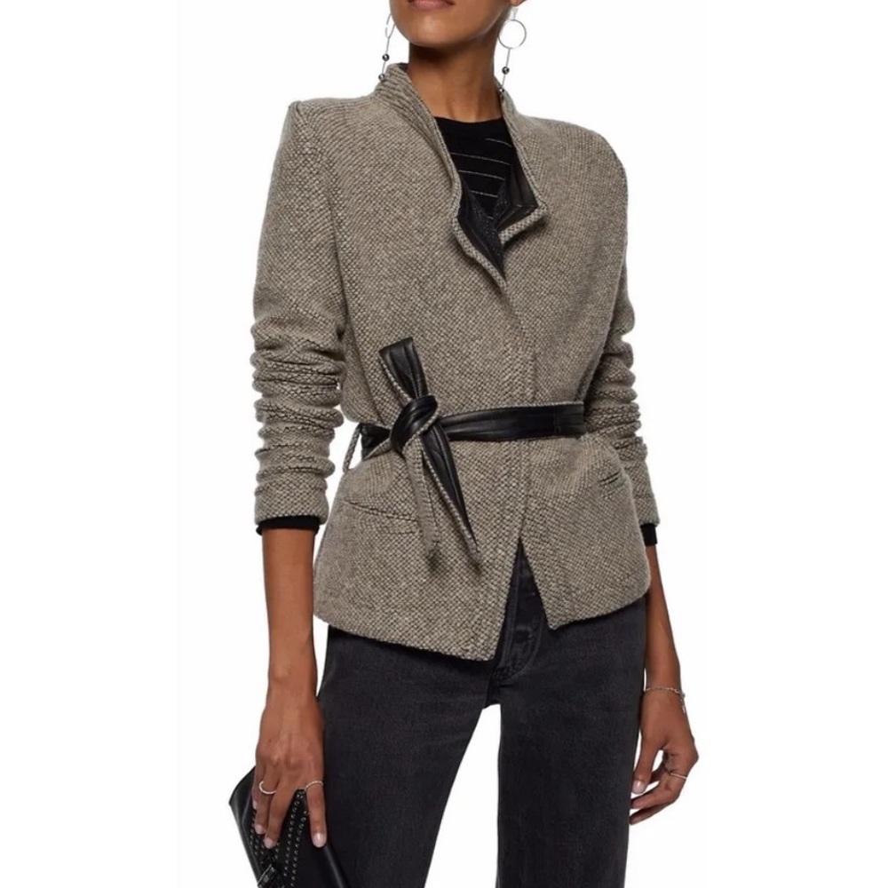 IRO Awa belted leather-trimmed bouclé-knit wool-blend jacket